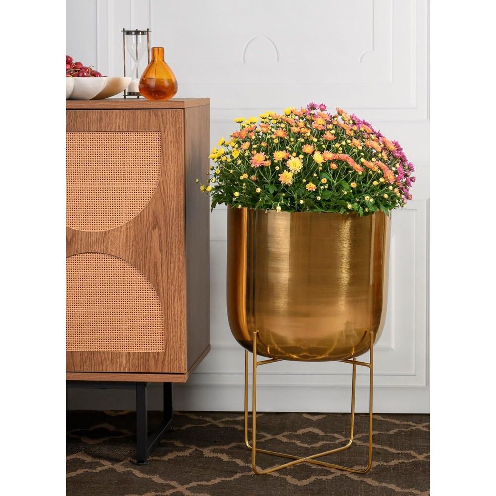 14" Diameter 24"Tall Serene Spaces Living Modern Metal Indoor Planter With Stand - Picture 2 of 5